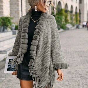 Fuzzy Trim Fringe Hem Space Dye Batwing Sleeve Cardigan
